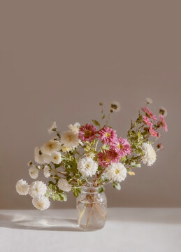 Aesthetic Floral Arrangement In Neutral Tones, Background With Copy Space