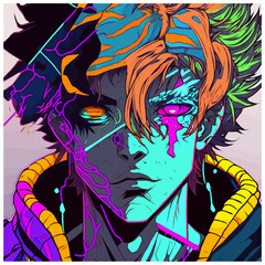 Neon Graffiti Anime Alien Boy with Blue Skin and Pink Glowing Blood. [Vector Illustration, Digital Art, Sci-Fi Fantasy Horror Background, Graphic Novel, Postcard, T-Shirt, or Product Image]