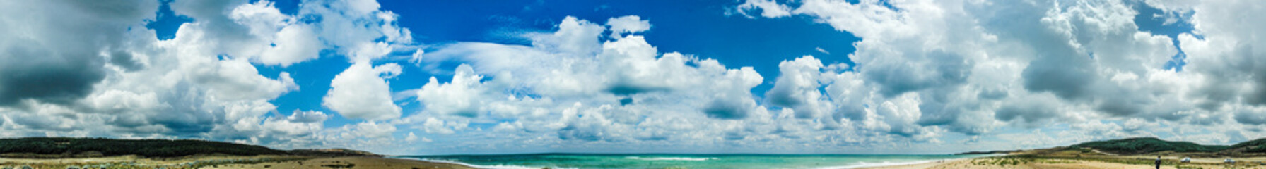 Panoramic sky landscape big puffy clouds. 