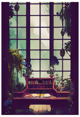 Antique Desk with Bookshelves in a Warmly Lit Office with Vines and Plants. Vector Illustration. [Digital Art, Sci-Fi Fantasy Horror Background, Game, Graphic Novel, Graphic Tee, or Postcard Image]