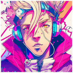 Neon Graffiti Anime Boy with Blond Hair, Pink Jacket, and Headphones. [Vector Illustration, Digital Art, Sci-Fi Fantasy Horror Background, Graphic Novel, Postcard, T-Shirt, or Product Image] - obrazy, fototapety, plakaty
