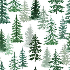Watercolor woodland print. Seamless pattern with rustic forest pine trees on white background. - 546614465