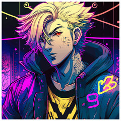 Cool Neon Graffiti Anime Boy with Blond Hair. [Vector Illustration, Digital Art, Sci-Fi Fantasy Horror Background, Graphic Novel, Postcard, T-Shirt, or Product Image] - obrazy, fototapety, plakaty