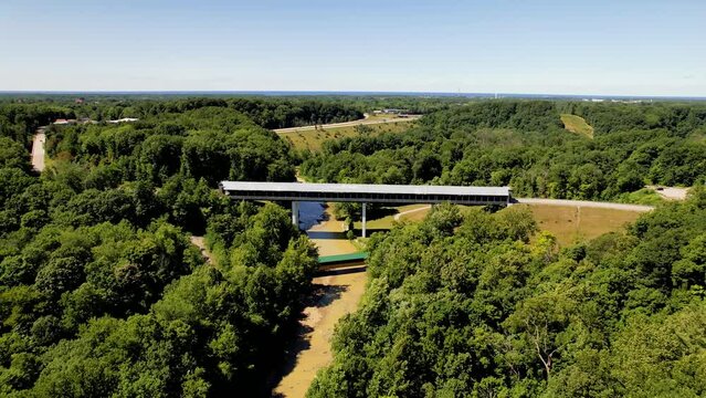 Aerial view of Historic Smolen-Gulf Bridge in Ohio, Longest covered bridge in North America.