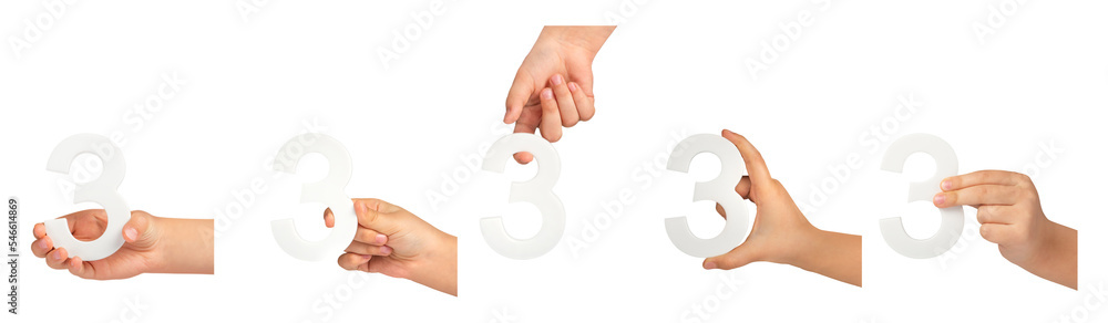 Poster number three in hand isolated on black background. Number three in a child's hand on a black background. A great set to insert into a project or design