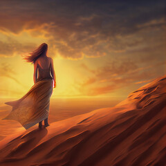 Enchanting woman gracefully stands atop a Sahara Desert dune, her gown billowing in the wind, with a mesmerizing sunset casting golden hues across the vast sandy landscape. generative Ai 