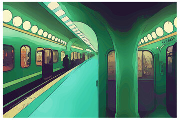 Beautiful Green Art Nouveau Subway Station with Train and Passengers. Vector Illustration. [Digital Art, Sci-Fi Fantasy Horror Background, Game, Graphic Novel, Graphic Tee, or Postcard Image]