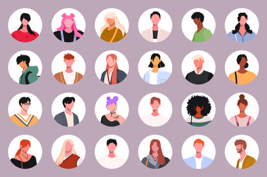 Bundle of different people avatars. Businessmen,  businesswomen, students and teenager face icons, character pic to represent online user in social net.