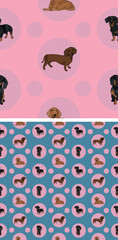 Seamless Doxie dog pattern, holiday texture. Square format. Pink, blue packaging, textile, fabric, decoration, wrapping paper.Trendy hand-drawn dogs wallpaper. Holiday background with circles.