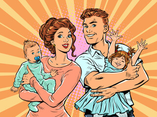 Family mom and dad with children in their arms. pop art retro illustration 50s 60s style
