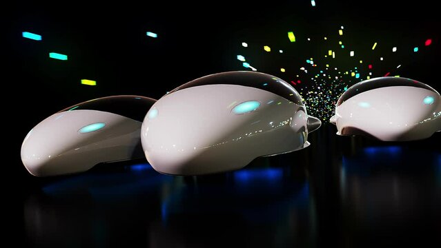 A group of unmanned hovercraft of the future levitates at high speed in abstract space