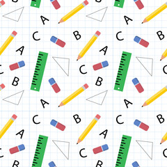 School, seamless pattern, vector. A pattern of pencils, rulers and erasers on a background of checkered paper.