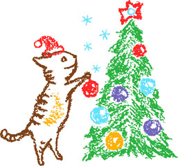 Christmas funny cat or kitten. Like child hand drawing. Crayon, pastel chalk or pencil happy, dancing smiling kitty. Doodle cartoon art style. Png winter holiday character.