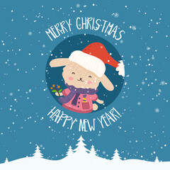 Cartoon illustration for holiday theme with happy bunny.Greeting card for Merry Christmas and Happy New Year. Art for children postcards, banners,clothes and web site.Vector illustration. - 546620206