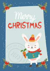 Cartoon illustration for holiday theme with happy bunny.Greeting card for Merry Christmas and Happy New Year. Vector illustration. - 546620213