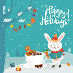 Cartoon illustration for holiday theme with happy gingerbread man in the cup of hot chocolate and funny bunny  on winter background with trees and snow.  - 546620414