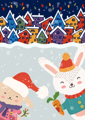 Cartoon illustration for holiday theme with  two happy funny rabbits on winter background with trees and snow. Greeting card for Merry Christmas and Happy New Year. Vector illustration.