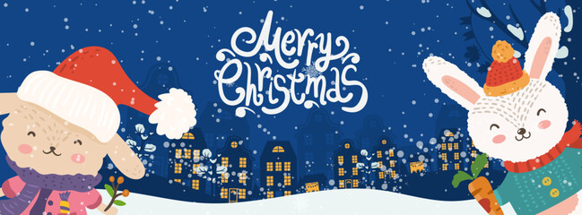 Cartoon illustration for holiday theme with happy children on winter background with trees and snow. Banner for Merry Christmas and Happy New Year. Vector illustration. - 546620486