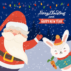 Cartoon illustration for holiday theme with happy Santa Claus and rabbit on winter background with trees and snow. Greeting card for Merry Christmas and Happy New Year. Vector illustration. - 546620662