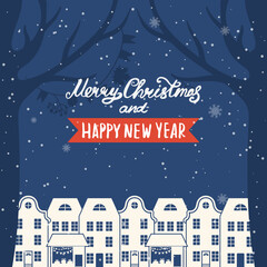 Cartoon illustration and text for holiday theme on winter background with trees and snow. Greeting card for Merry Christmas and Happy New Year.
Vector illustration. - 546620679