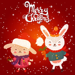 Cartoon illustration for holiday theme with  two happy funny rabbits on winter background with trees and snow. Greeting card for Merry Christmas and Happy New Year. Vector illustration. - 546620805