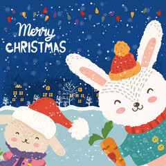 Cartoon illustration for holiday theme with  two happy funny rabbits on winter background with trees and snow. Greeting card for Merry Christmas and Happy New Year. Vector illustration. - 546620822