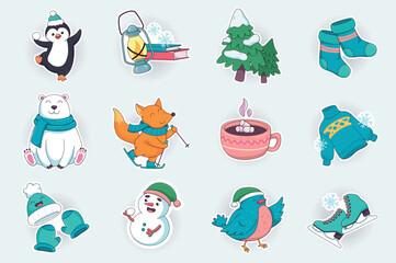 Winter season cute stickers set in flat cartoon design. Penguin in hat, lantern, fir trees in snow, polar bear with scarf, fox on skis and other. Vector illustration for planner or organizer template