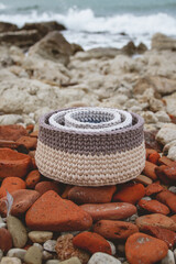 Baskets on the background of stones and the sea