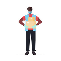 Illustration of a delivery man in medical facial mask and gloves delivering . Concept of delivery of goods during the epidemic. Safety home delivery. Flat cartoon style vector illustration.