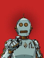 The robot points with a finger. Artificial intelligence face and person recognition. AI identification