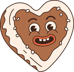 Christmas gingerbread heart in trendy retro cartoon style. Groov