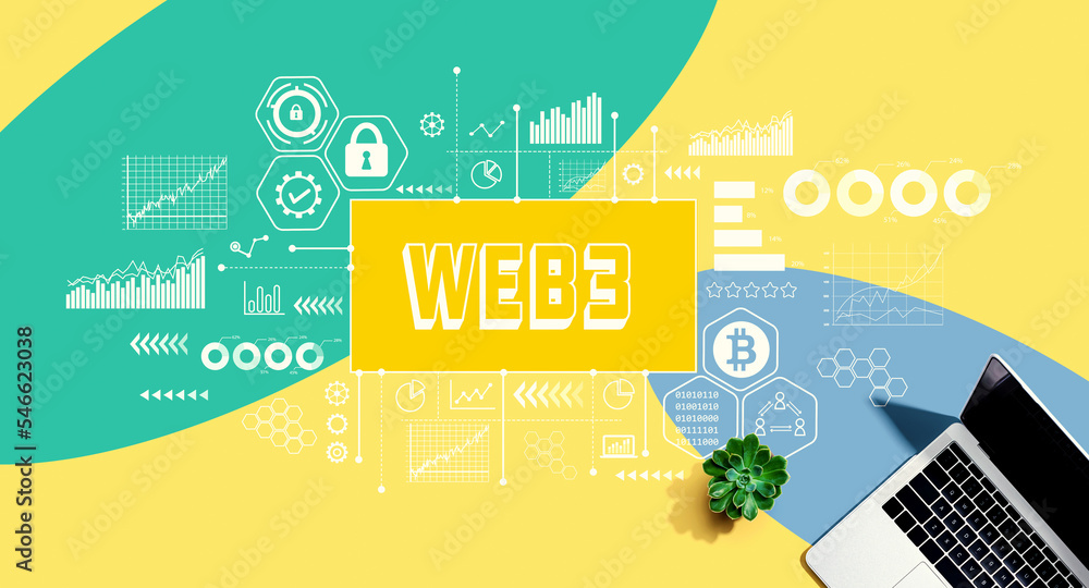Poster web3 theme with a laptop computer on a yellow, green and blue pattern background