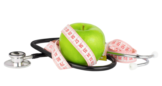 Green apple with stethoscope and measuring tape isolated on transparent background. Healthy dieting concept