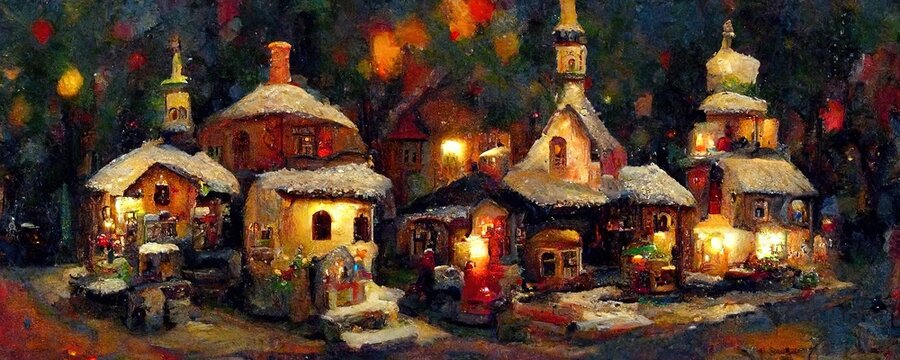 Tiny Christmas village background, Christmas scenery  painting banner, streets on Xmas illustration, peaceful winter houses