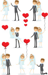 Doodle wedding set for invitation cards, including template design decorative elements - flowers, bride, groom, church, hearts