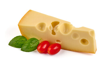 Maasdam cheese block, isolated on white background. High resolution image.