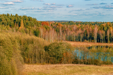 Autumn landscape of European plains with hills and lowlands, marshes, meadows and forests.