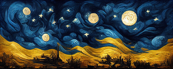 moon, stars, painting, night, sky, abstract, art - obrazy, fototapety, plakaty