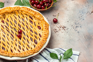 Homemade cherry pie, banner, menu, recipe place for text, top view