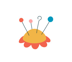 Needle cushion for sewing flat color vector object. Pincushion used to store pins and needles. Fashion design and cute flower shape illustration for web graphic design