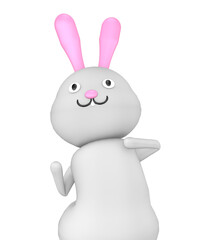 Cute white rabbit with pink ears in a dancer's pose isolated on a transparent background in PNG format. 3D render.