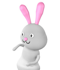 Cute white rabbit with pink ears in a dancer's pose isolated on a transparent background in PNG format. 3D render.