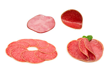 Salami slices isolated on white background.