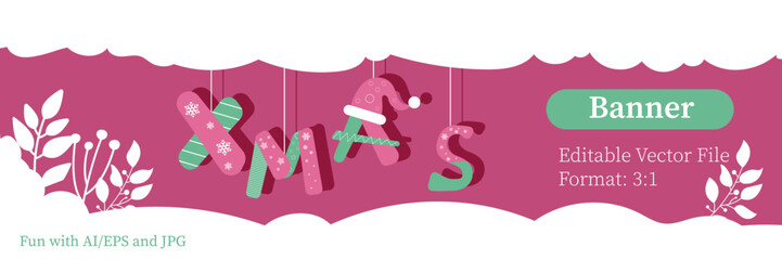 christmas banner template in 3:1 in magenta and green