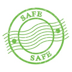 SAFE, text written on green  postal stamp.