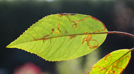 Apple leafminer, Clerk's snowy bentwing (Lyonetia clerkella), larva in a mine in a cherry leaf, Prunus avium.