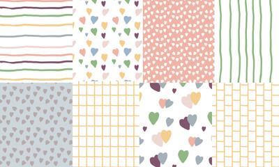 set of cute, colorful seamless patterns with hand-drawn hearts and lines