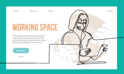 Coworking Space Landing Page Cartoon Template. Freelancers Team Working Online on Laptop. Business People Sharing Open Workspace. Outline Vector Illustration