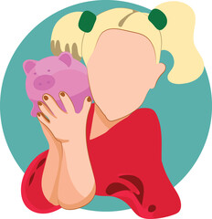Flat drawing of Teach child girl to save coin into a piggy-bank to manage finances save money spend earnings with economy plan family budget. Vector illustration