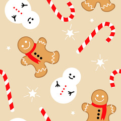 Christmas seamless pattern with snowman, candy cane and christmas cake. EPS 10.